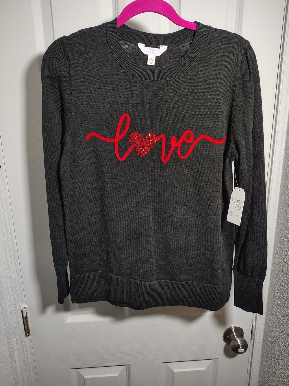 Time and Tru Black Crewneck Sweater with Red 'Love' Script and Sequin Heart